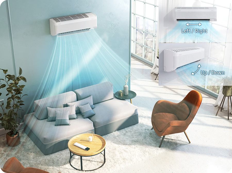 Điều hòa Samsung AR10DYHZAWKNSV 9000BTU 1 chiều inverter 2 Cánh đảo gió 4 chiều có khả năng đảo hướng linh hoạt với 4 hướng