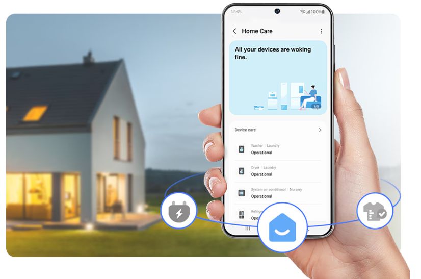 Máy giặt Samsung WA80F21B9BSV Bespoke Inverter 21kg 11 SmartThings Home Care sẽ theo dõi thiết bị và thông báo khi nhận thấy bất thường