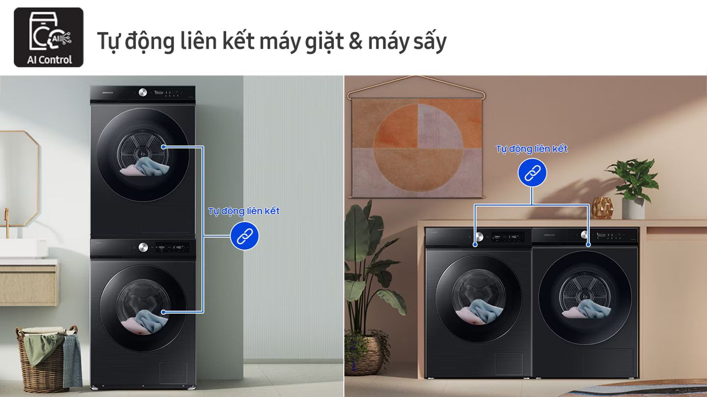 Máy giặt Samsung WW10DB7U34GBSV Bespoke Inverter 10 kg 9 Tự động liên kết máy giặt và máy sấy khi đặt cạnh nhau.