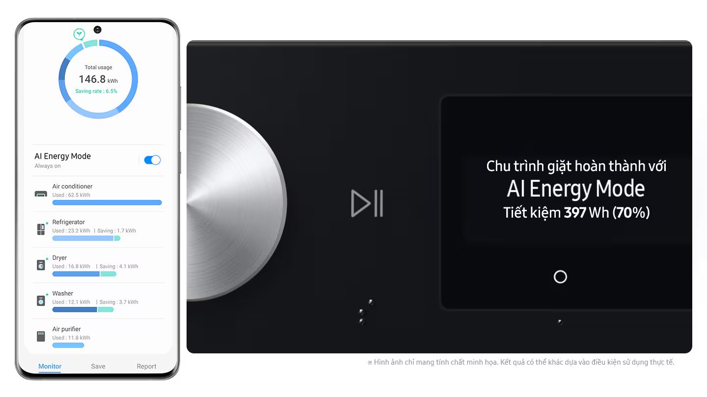 Máy giặt Samsung WW10DB7U34GBSV Bespoke Inverter 10 kg 7 Tiết kiệm điện thông minh hơn lên đến 70% với chế độ AI Energy